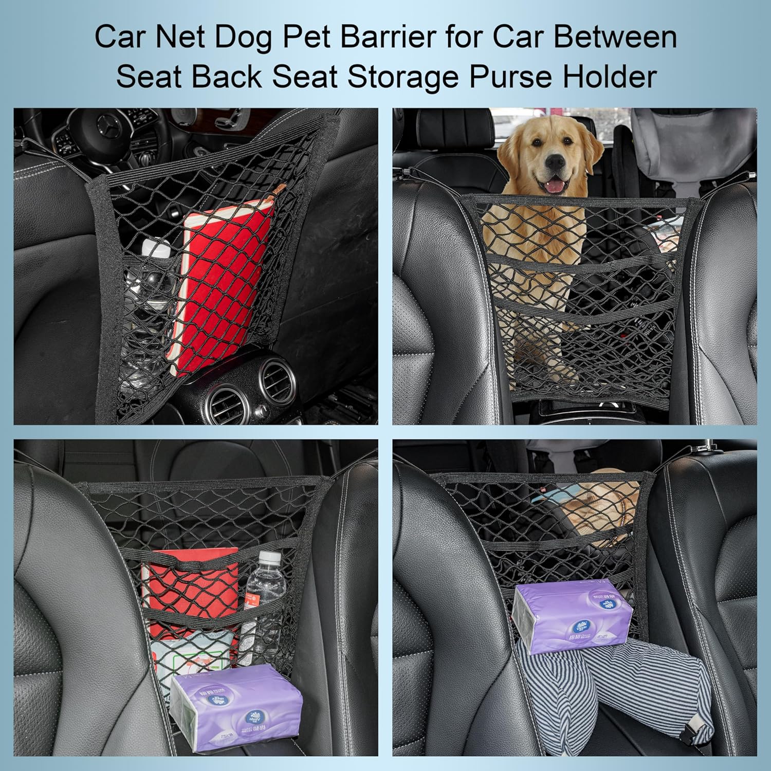 3-Layer Car Mesh Organizer Storage Bag Between Front Seats Kid Dog Pet Net Barrier Car Net Pocket Elastic Tissue Purse Holder Netting Pouch for SUV, Truck, Van 15.7" x 13.7"