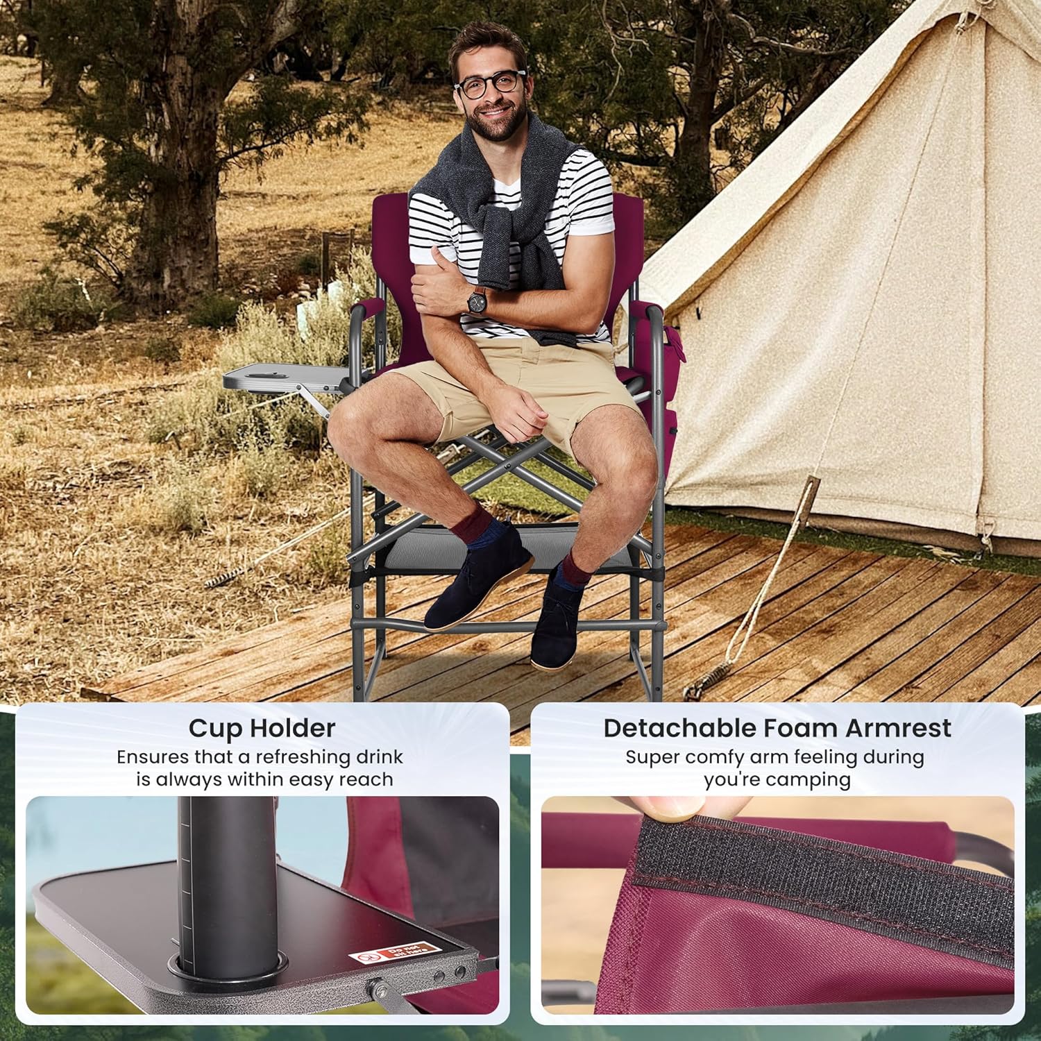 30" Bar Height Director Chair - 400lbs Heavy Duty with Detachable Footrest & Side Table, Portable Foldable Chair for Makeup Artists/Outdoor Events (Wine Red)